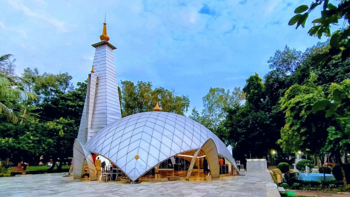 EME Temple in Vadodara featuring modern geodesic dome architecture, geodesic aluminium cladding, and serene garden surroundings, perfect Vadodara tour package experience.