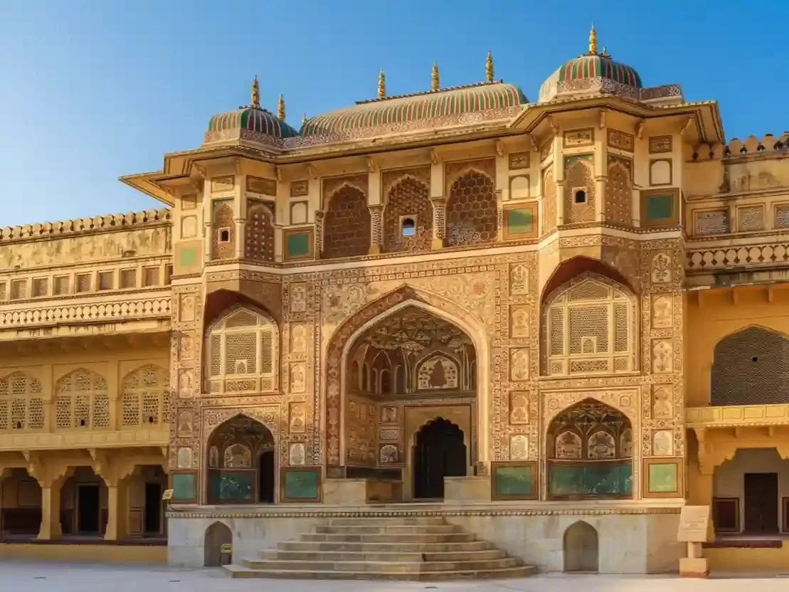 Ganesh Pol ornate gateway at Amber Fort featuring colorful frescoes of Lord Ganesh and intricate latticed windows in Jaipur Rajasthan.