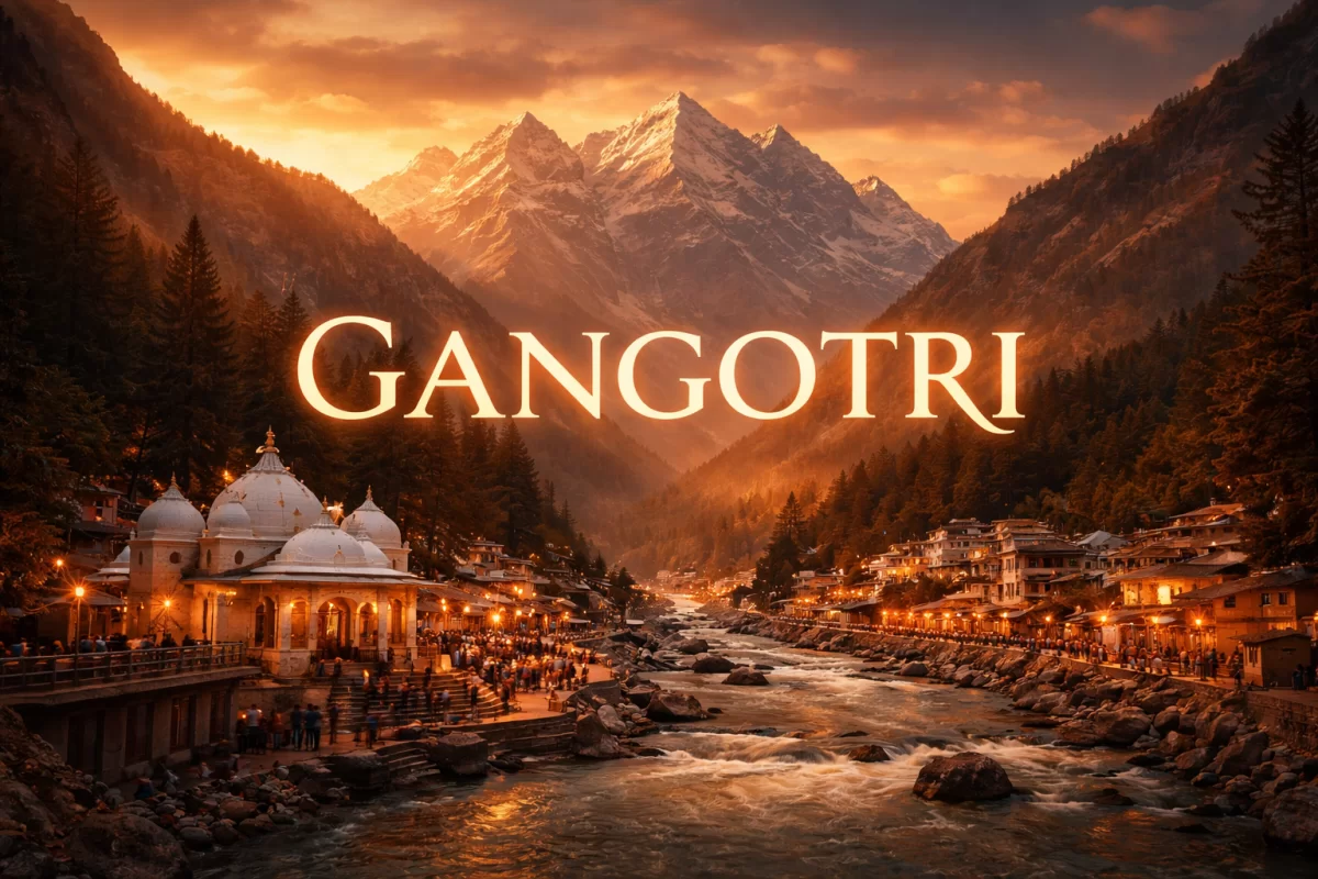 Serene sunset over Gangotri, Uttarakhand, with the sacred Gangotri Temple by the Bhagirathi River and towering Himalayas—perfect for spiritual Uttarakhand tour packages.