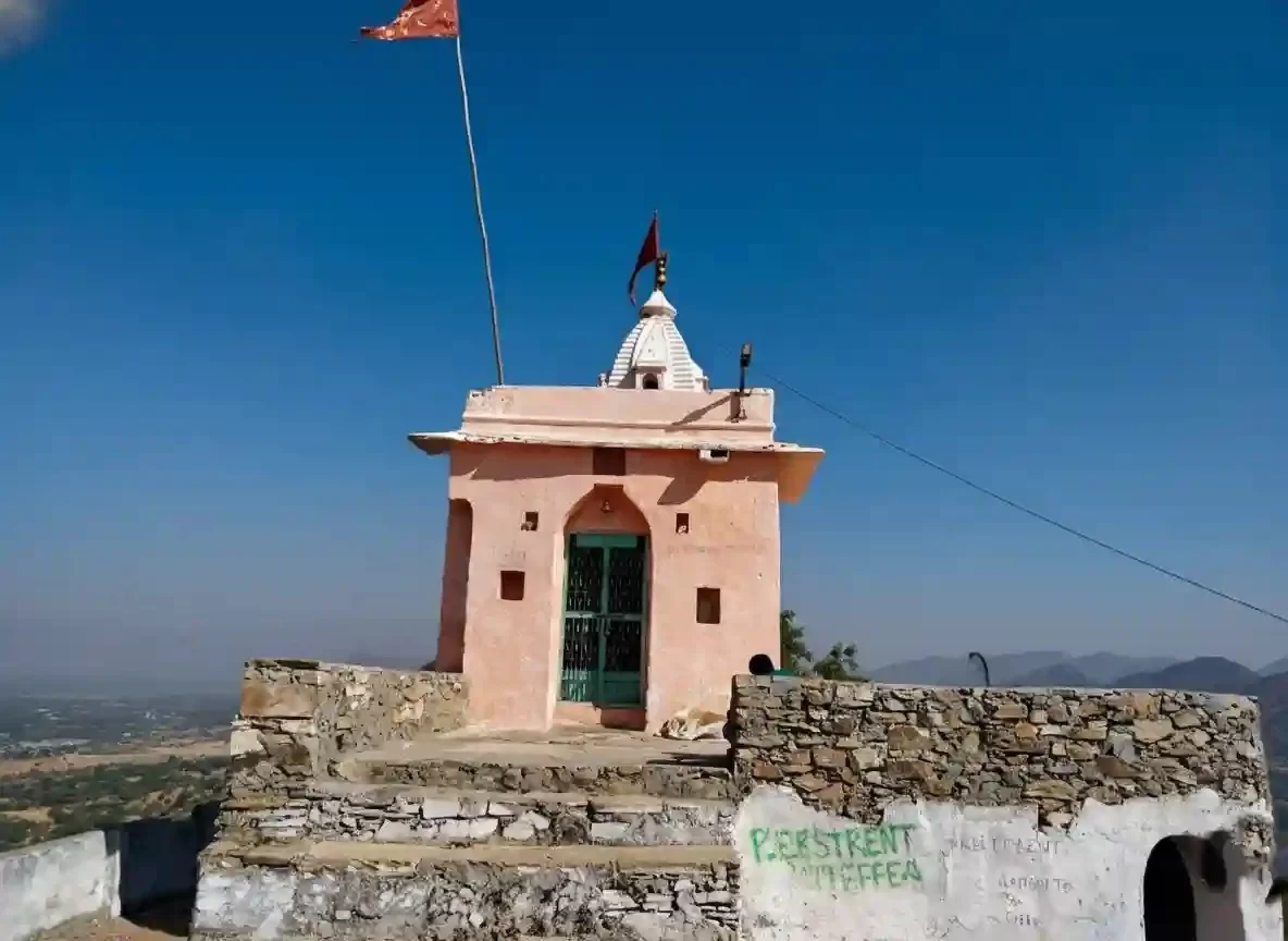 Gayatri Mata Temple panoramic hilltop view of the white shrine overlooking the holy Pushkar Lake and town in Rajasthan.