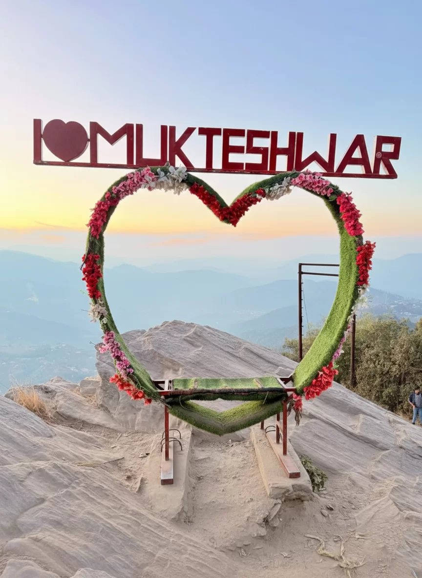 I Love Mukteshwar viewpoint with Himalayan sunset backdrop featured in Uttarakhand tour packages