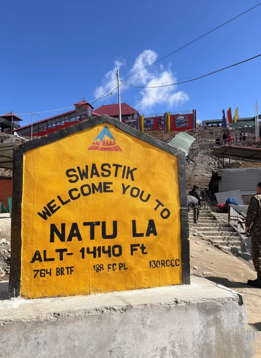 Nathu La Pass milestone at 14410 feet near Gangtok marking the Indo China border, a high altitude attraction featured in Sikkim tour packages.