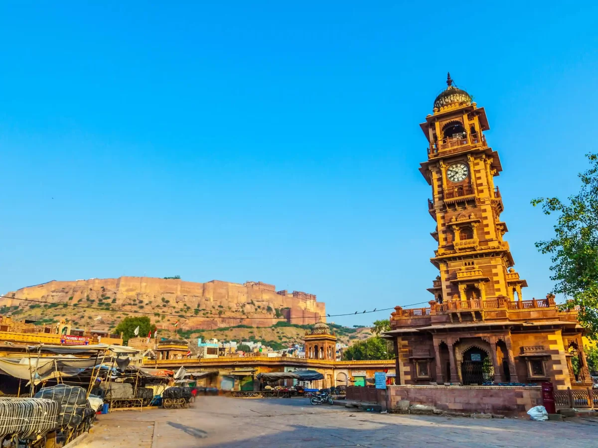 Ghanta Ghar iconic blue stone clock tower at the center of the bustling Sardar Market in Jodhpur Rajasthan.