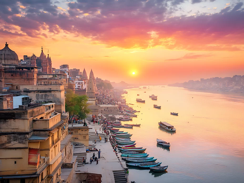 Ganges River Varanasi sunset, colorful boats ghats temples people pink orange sky river mist, perfect Uttar Pradesh tour package.
