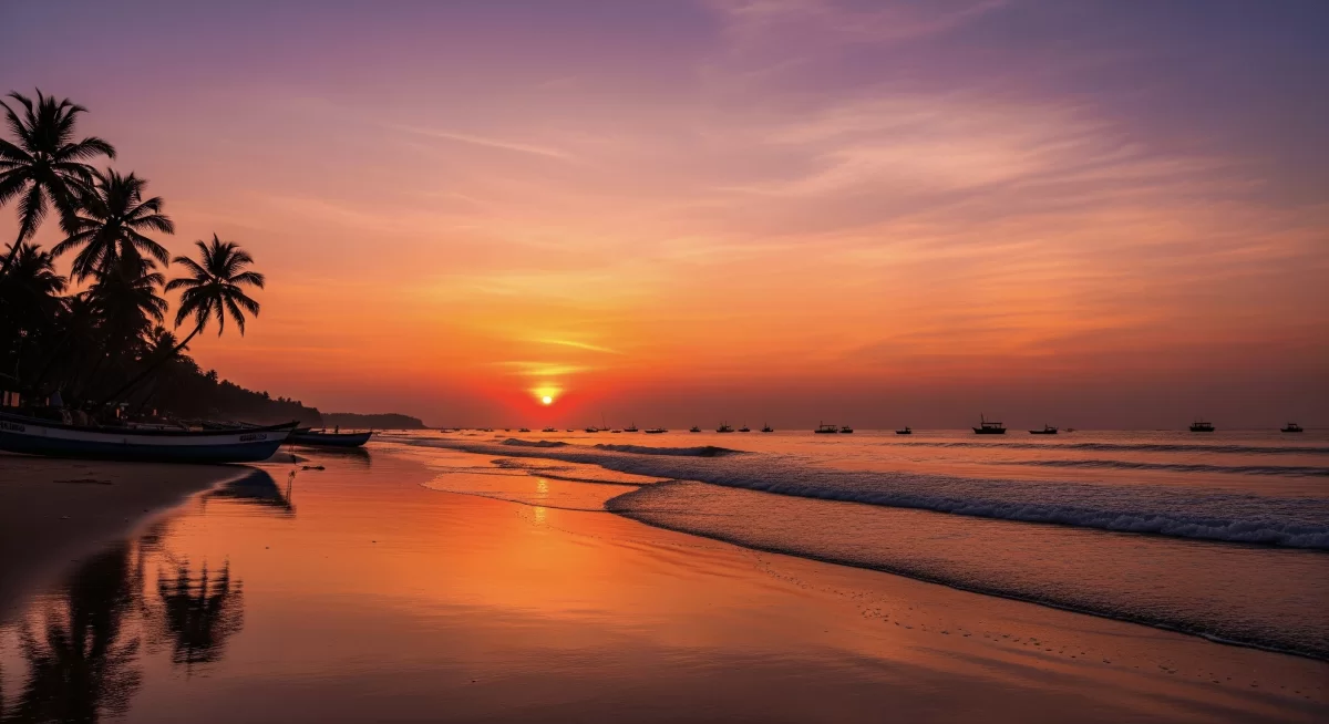 Sunset at Goa beach during evening, featuring palm trees and boats, perfect romantic experience Goa tour package.