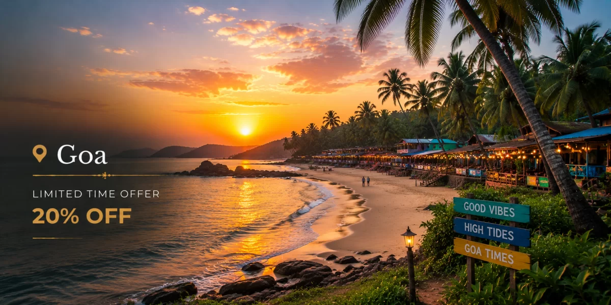 Goa beach sunset landscape featuring palm-lined shoreline, vibrant beach shacks, golden sand, tropical coastline, and lively seaside atmosphere.