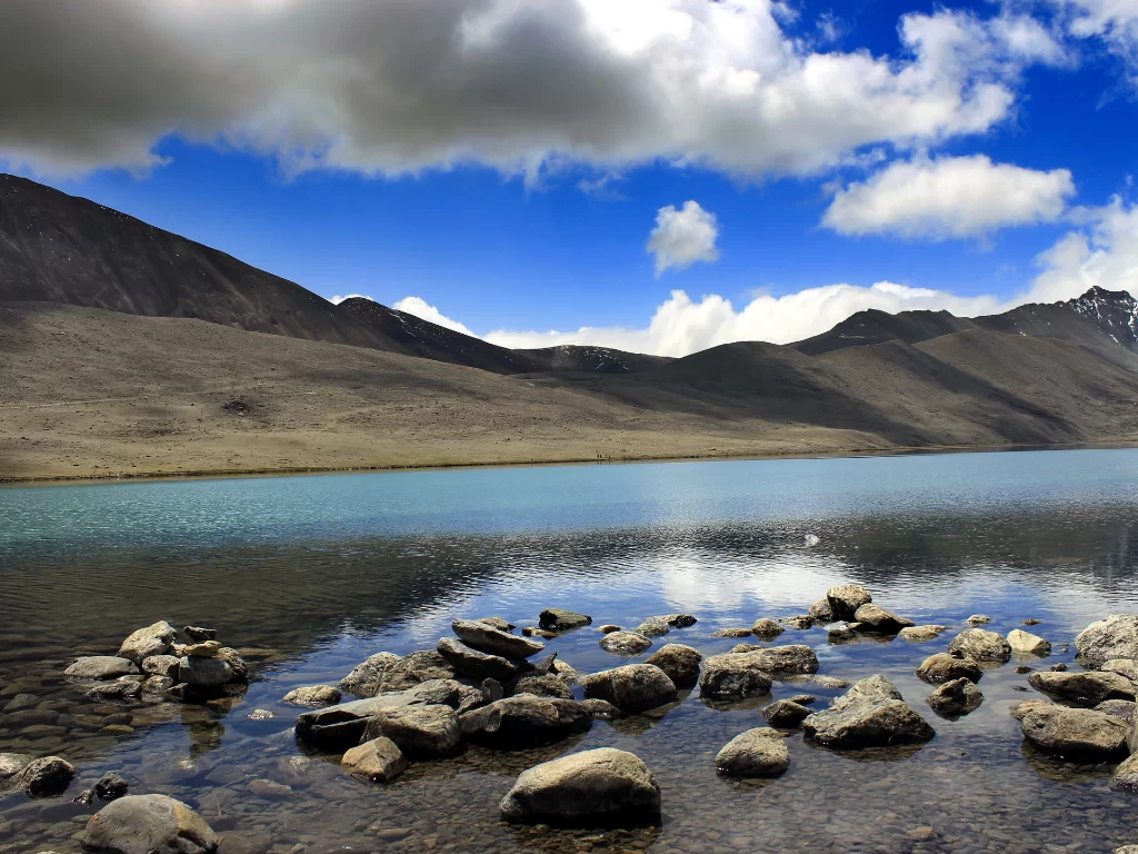 Gurudongmar Lake North Sikkim during partly cloudy skies, featuring turquoise waters mountain reflections rocky shores, perfect spiritual adventure North Sikkim tour package.