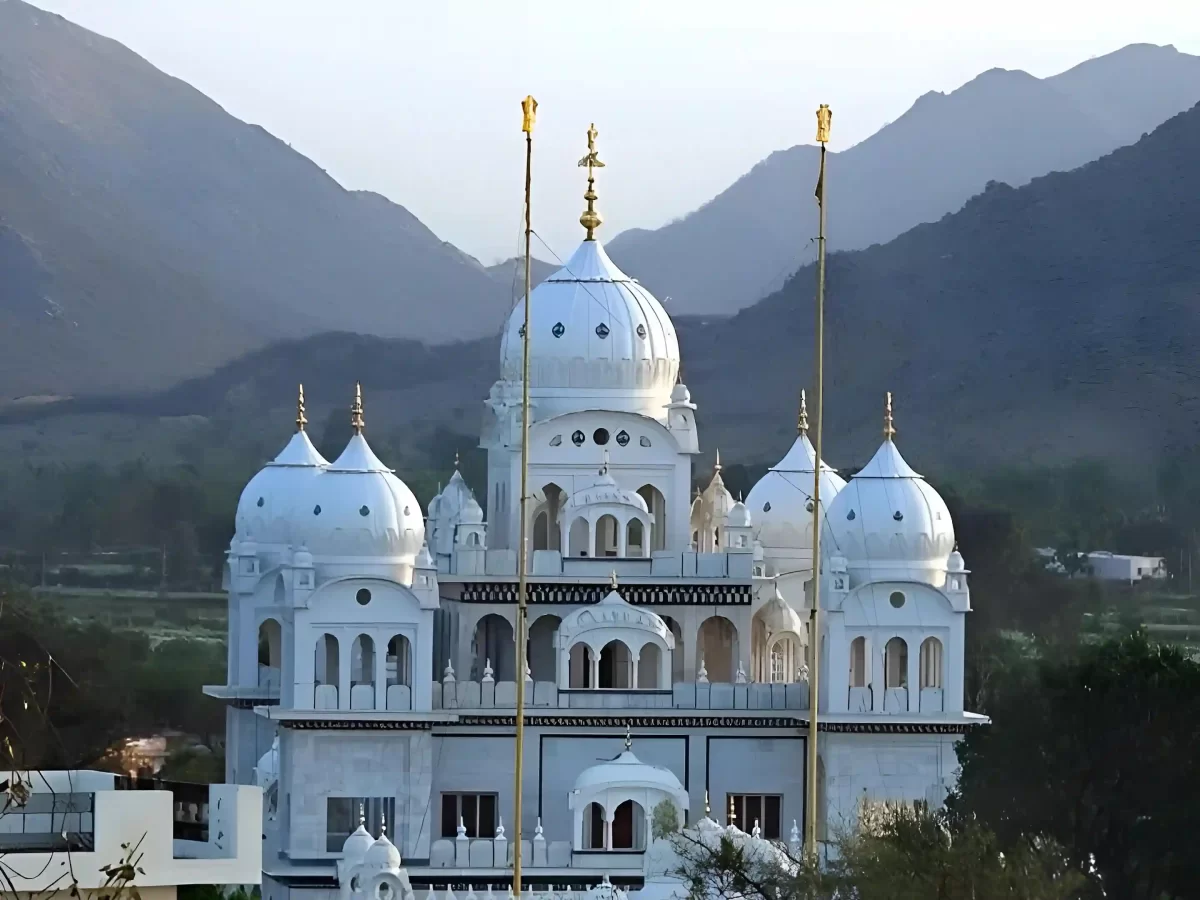 Gurudwara Sahib Pushkar historic white marble Sikh temple dedicated to Guru Nanak Dev Ji and Guru Gobind Singh Ji located near the holy Pushkar Lake in Rajasthan.