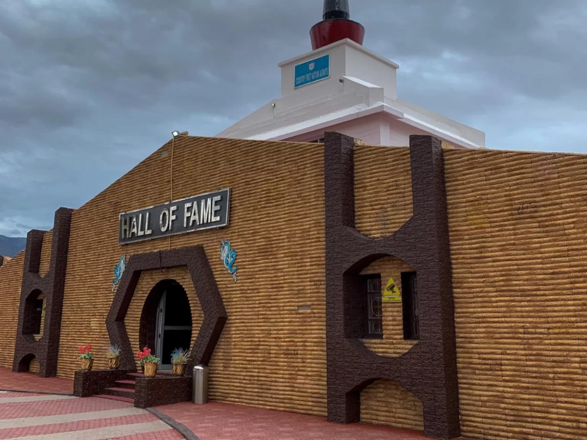 Hall of Fame Leh Ladakh exterior view. Indian Army museum brick facade signboard hexagonal entrance white stupa dome red top flowers potted plants cloudy sky tourist attraction war memorial.