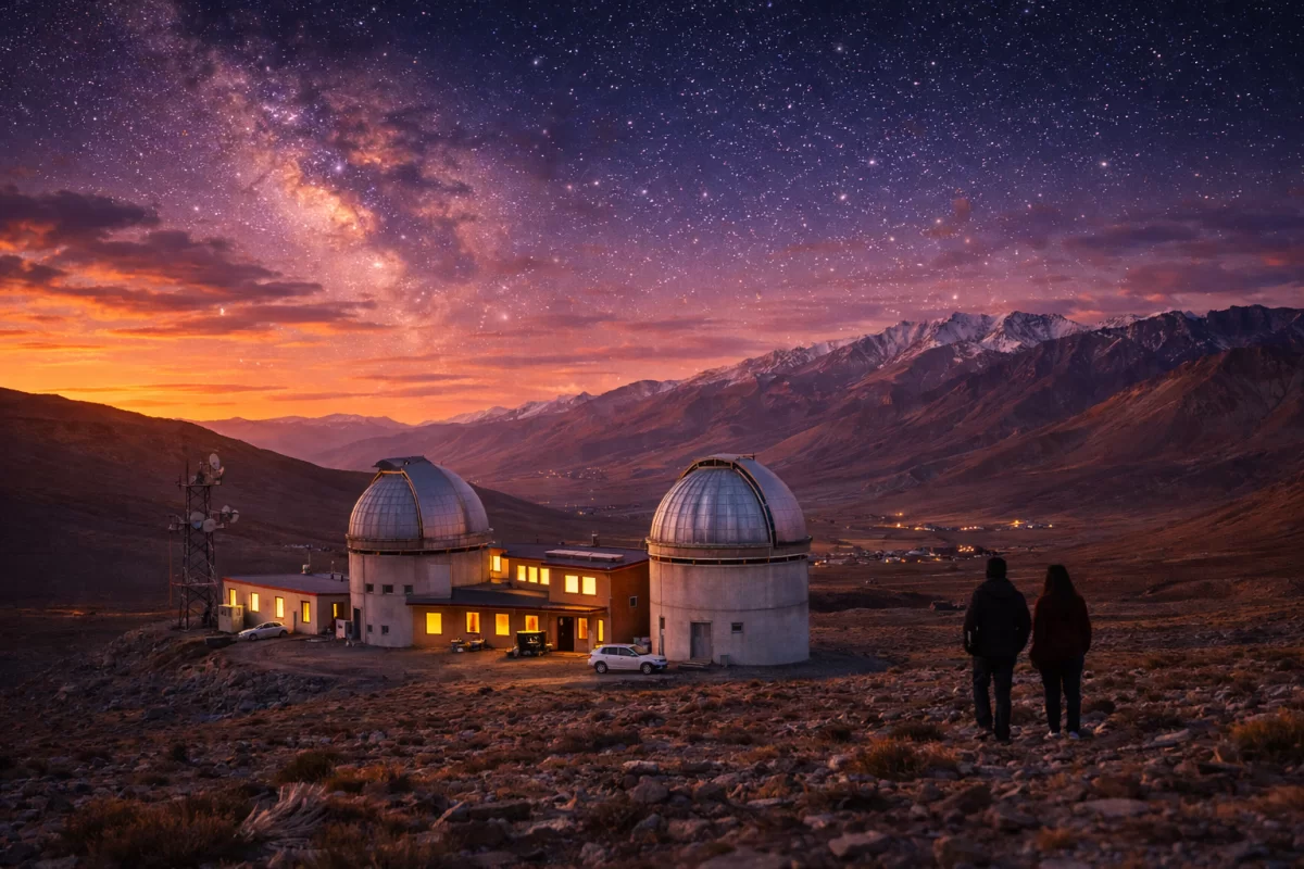Hanle Observatory Ladakh at twilight: Milky Way over Indian Astronomical Observatory domes, silhouetted couple against orange-purple sunset sky, high-altitude stargazing in remote Himalayas