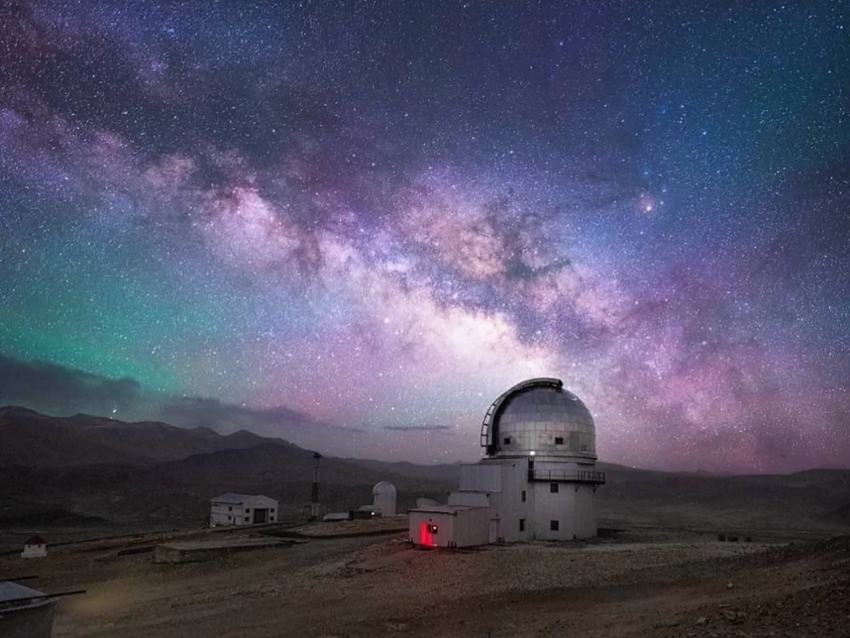 Hanle Indian Astronomical Observatory Milky Way night sky dome glow Himalayan peaks, Chandra Telescope dark sky reserve astrophotography, perfect stargazing cosmic adventure package. 