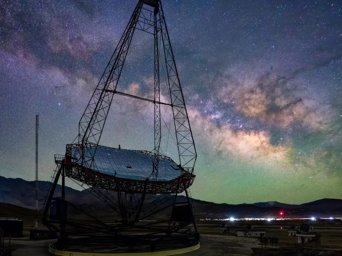 Hanle Indian Astronomical Observatory parabolic dish telescope Milky Way silhouette peaks, solar mirror array gamma-ray research dark skies, perfect astrophotography Himalayan cosmic package.