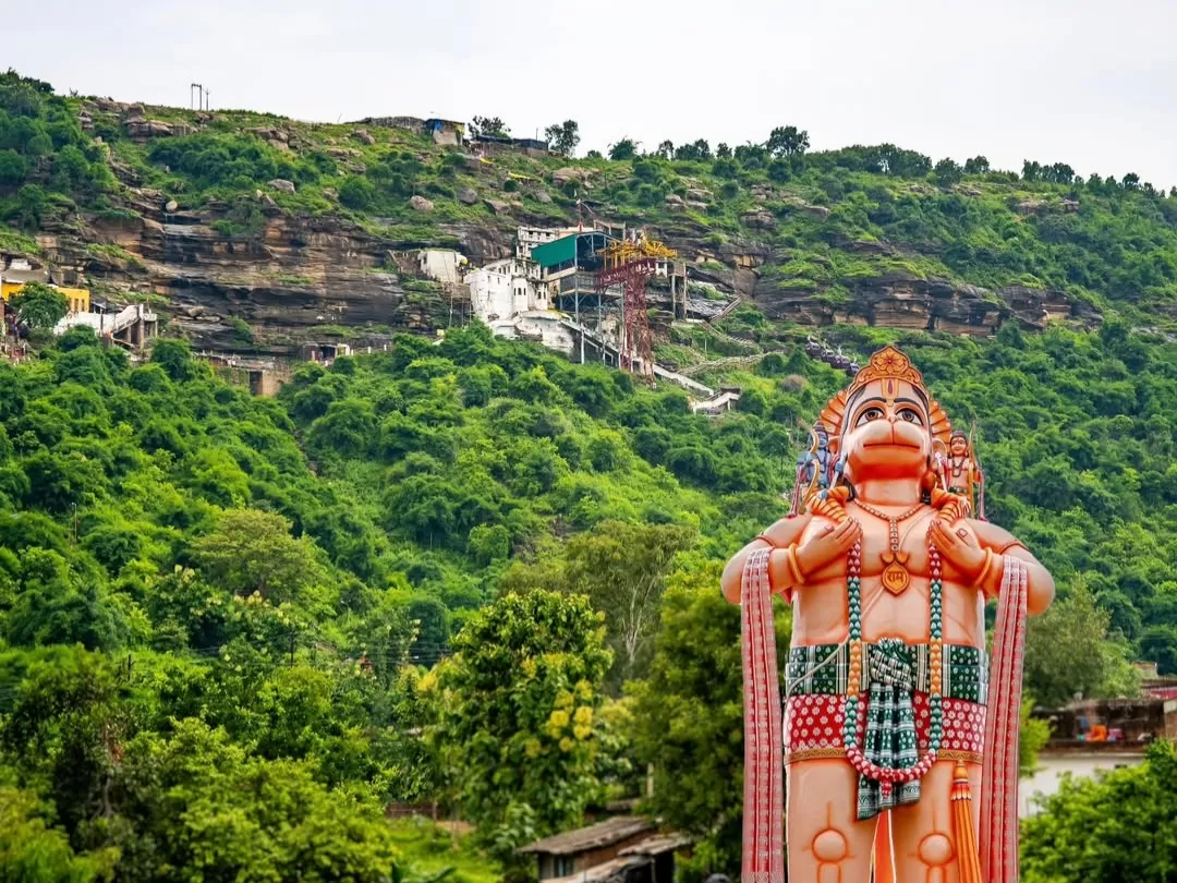 Hanuman Dhara Chitrakoot giant Hanuman statue with hill temple and greenery in Uttar Pradesh