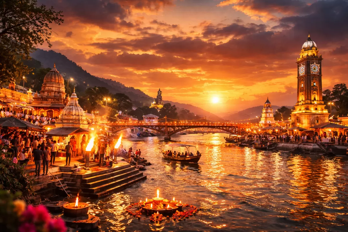 Golden sunset over Har Ki Pauri in Haridwar, Uttarakhand, with the sacred Ganges, floating diyas, and vibrant aarti—an iconic experience in Uttarakhand tour packages.