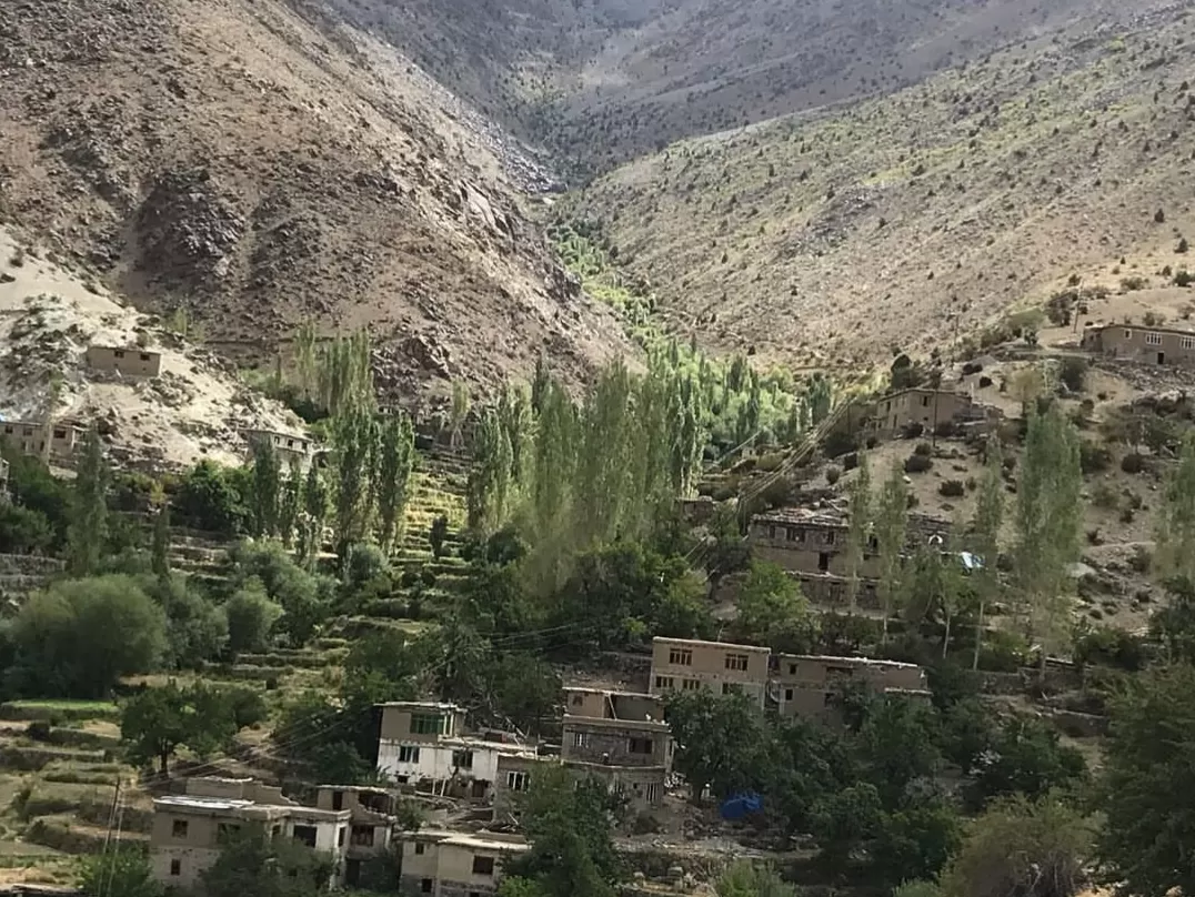 Hunderman Village Kargil Ladakh Brokpa stone houses terraced on arid mountainsides with poplar groves and terraced fields in narrow valley, traditional Dard settlement near LoC border, perfect Himalayan adventure India tour package.