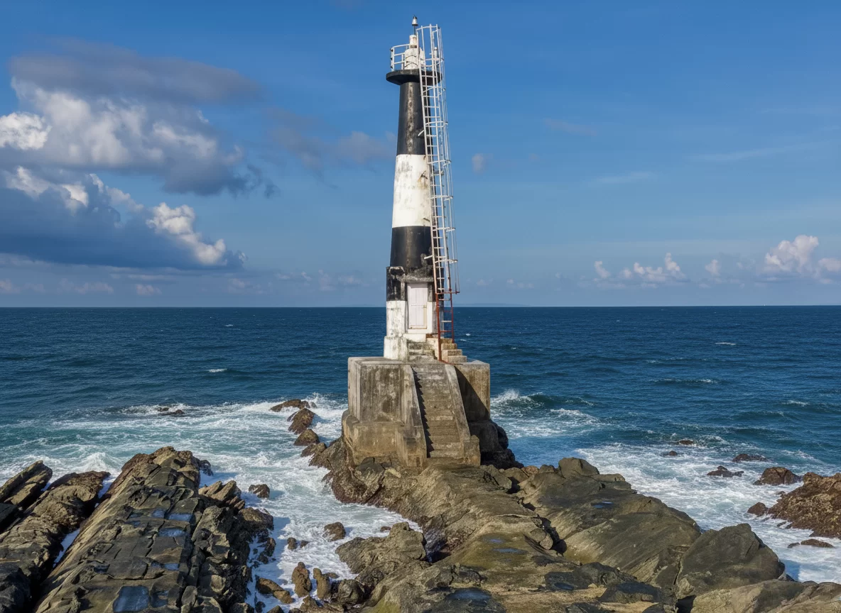 Black white lighthouse on rocky jetty at Ross Island Andaman during partly cloudy day, featuring crashing waves blue ocean, weathered structure, perfect colonial heritage Andaman tour package.