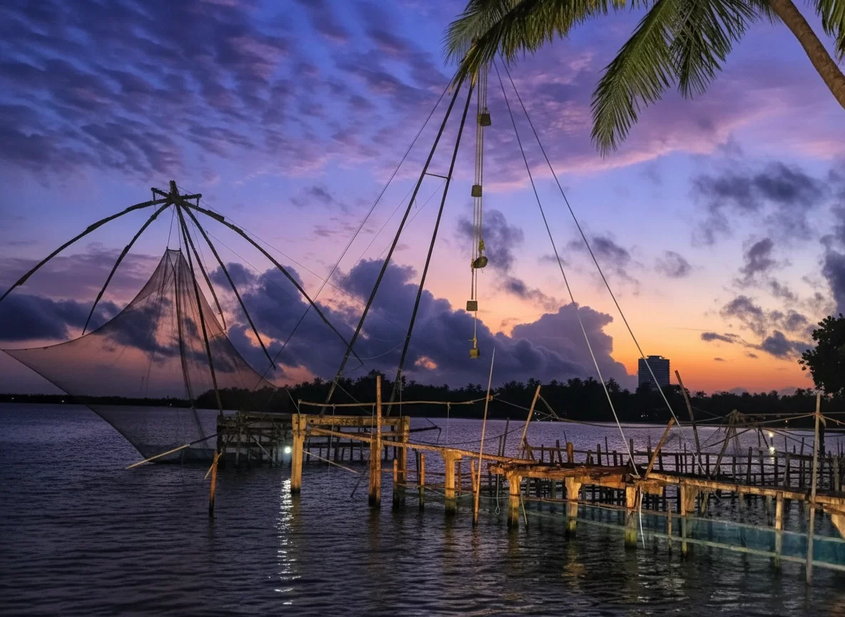 Chinese fishing nets at Thekkady Periyar Lake during purple sunset, featuring palm trees wooden pier and clouds, perfect cultural experience Thekkady tour package.
