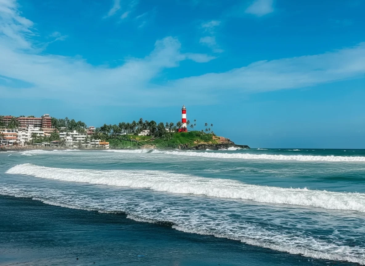 Kovalam Lighthouse Beach Kerala black sand shore red white striped lighthouse hilltop palm trees multi storey buildings ocean waves blue sky clouds coastal scenic tourism landmark photography.