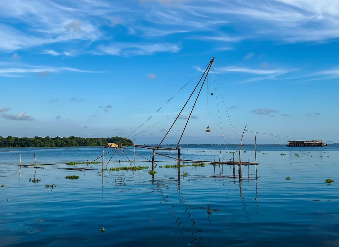 Chinese fishing net over lake at Thekkady during blue skies, featuring houseboat bamboo platforms and water lilies, perfect cultural experience Thekkady tour package.