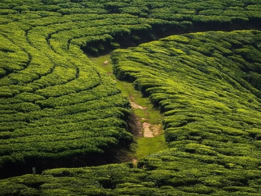 Curved path through Munnar tea gardens during golden hour, featuring lush green terraces and misty hills, perfect trekking experience with Munnar tour package. 