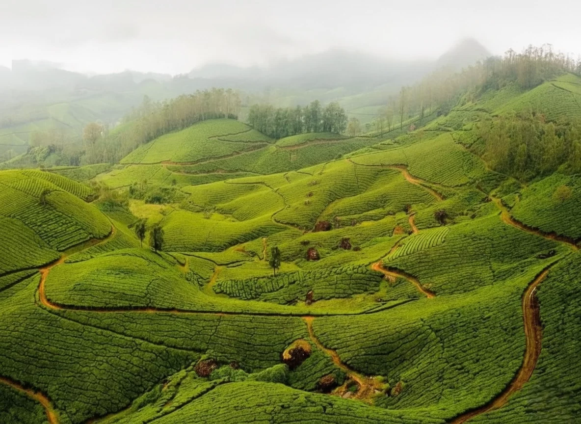 Misty rolling tea estates in Munnar during foggy morning, featuring layered green hills and winding paths, perfect nature trek experience with Munnar tour package. 