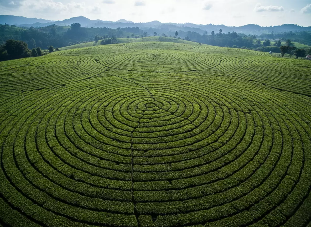 Circular patterned tea gardens in Munnar during clear day, featuring lush green fields and distant hills, perfect scenic experience with Munnar tour package. 