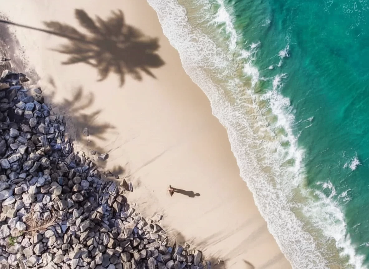 Varkala Beach Kerala aerial palm tree shadows white sands turquoise waves, lone figure rocky shore breakers, perfect Kerala cliffside serene beach package.