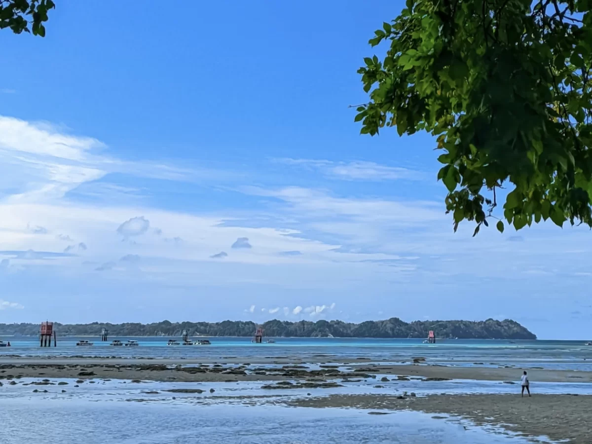 Scenic view of Bharatpur Beach Port Blair Andaman under blue skies with clouds, featuring palm trees rocky islands and calm sea, perfect romantic Andaman tour package.