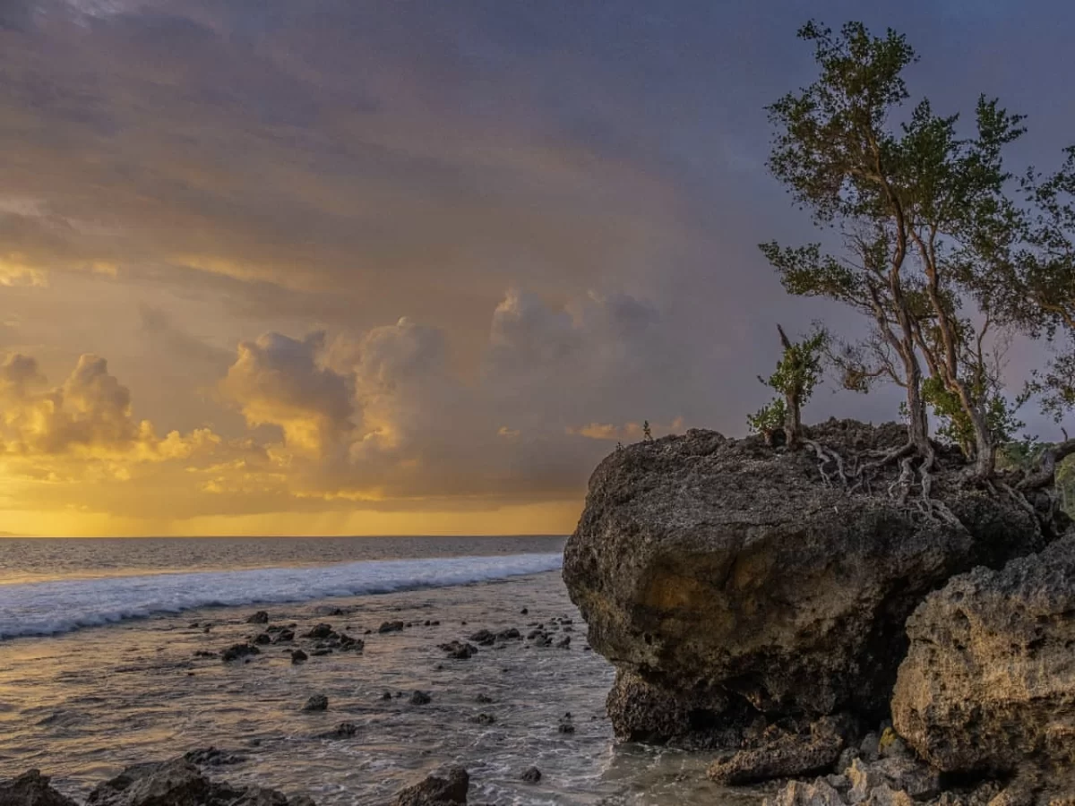 Golden hour rocky outcrop with mangroves at Laxmanpur Beach Neil Island Andaman amid tide pools crashing waves dramatic clouds and sunset glow, captivating adventure sunset Andaman tour package moment.