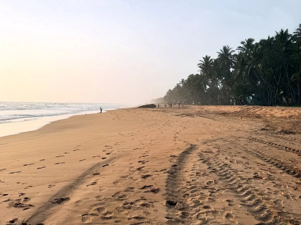 Thiruvananthapuram Kerala Thumba Beach golden hour sandy shore Arabian Sea waves footprints tire tracks distant people silhouetted against hazy blue sky coconut palm trees serene coastal sunset tour package. 