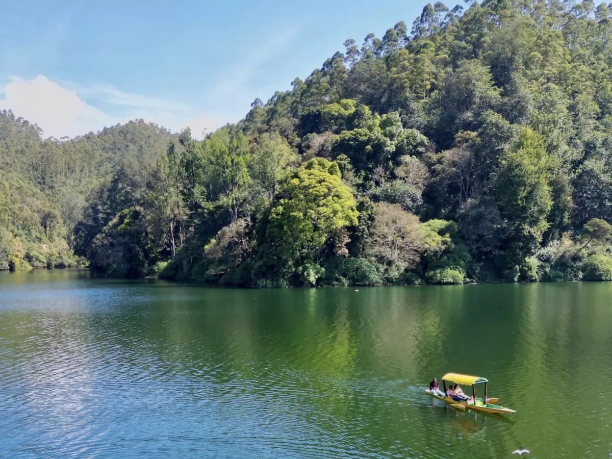 Drone aerial view of yellow roofed pedal boat on emerald green waters surrounded by lush green hills forests near Echo Point Munnar Kerala during sunny day, perfect romantic nature boating experience with Munnar lake tour package.