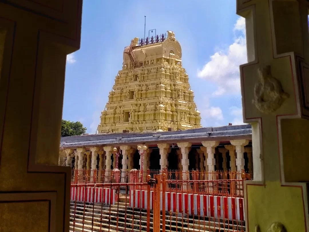 Ramanathaswamy Temple gopuram framed through corridor at Rameswaram during clear sky, featuring pillars, mandapam, perfect spiritual Rameswaram tour package. 