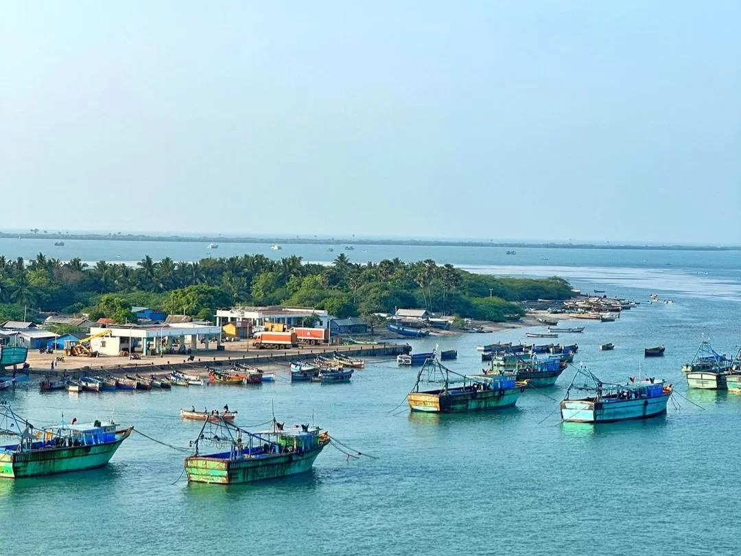 Pamban Beach Rameshwaram Tamil Nadu India fishing harbor colorful boats anchored turquoise waters jetty buildings palm trees distant horizon sea clear sunny day aerial perspective, perfect coastal fishing village tour package.