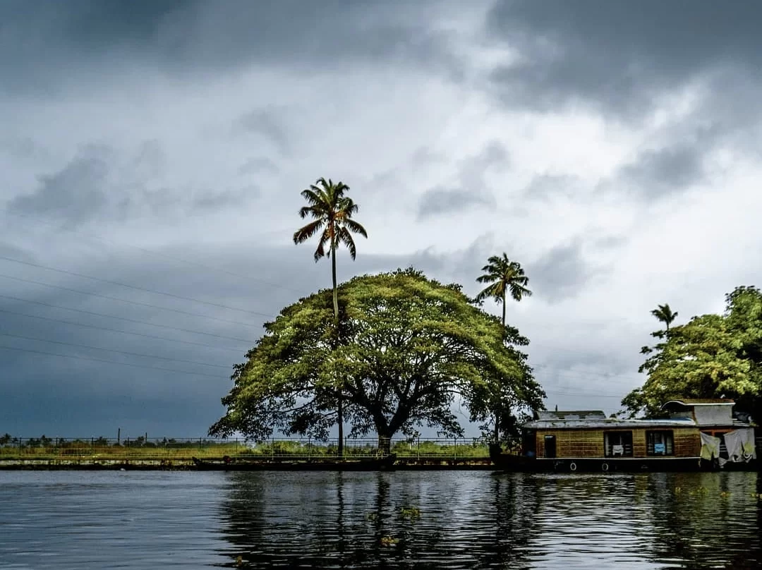 Houseboat at Munroe Island during cloudy skies, featuring banyan tree palms backwaters reflections, perfect romantic Kerala tour package.