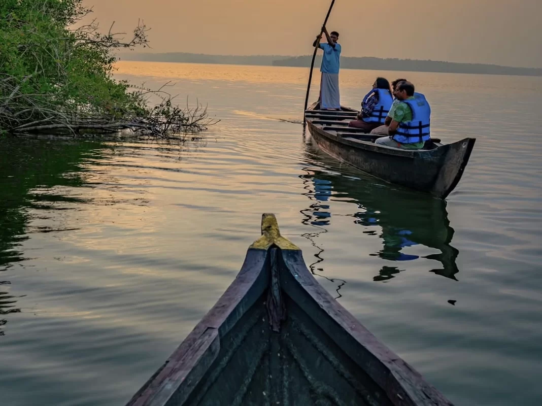 Fishermen poling boat at Munroe Island during sunset dusk, featuring life jackets backwaters mangroves reflections, perfect romantic Kerala tour package. 
