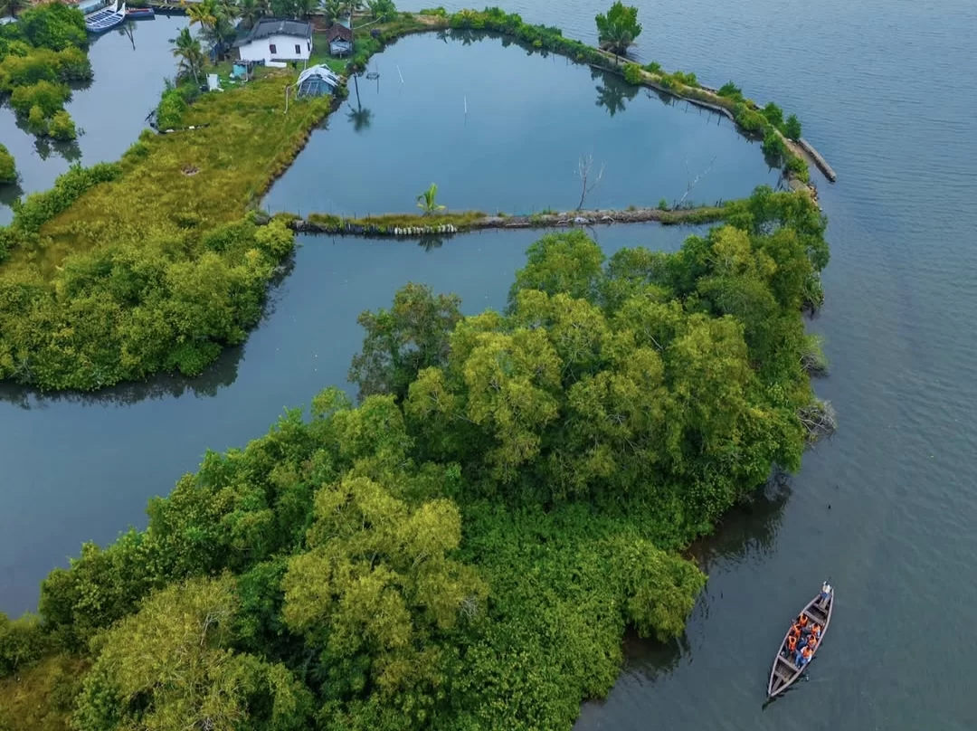 Munroe Island aerial view Kerala backwaters featuring houseboat traditional boats mangroves ponds houses, perfect eco tourism houseboat package.