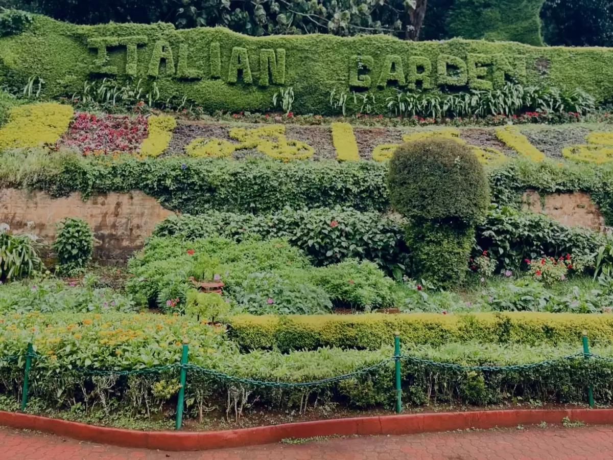 Floral entrance sign of Italian Garden Government Botanical Garden Ooty Udhagamandalam Nilgiris Tamil Nadu India crafted with green shrubs yellow flower letters surrounded by vibrant flower beds hedges terracotta walls lush hillside backdrop, perfect Nilg