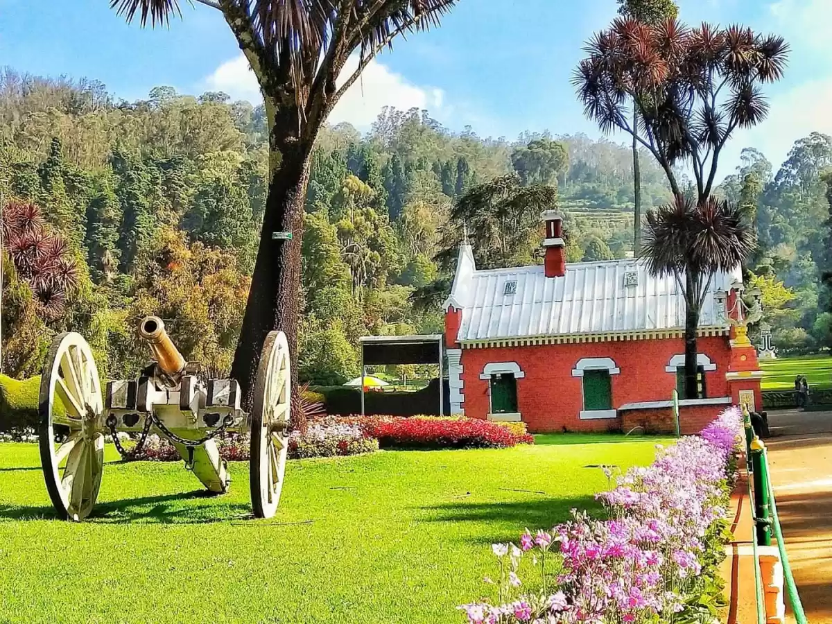Reviewed 10 sources Vintage brass barrel wheel cannon on manicured green lawn beside quaint red brick white trimmed roofed colonial cottage building Government Botanical Garden Ooty Udhagamandalam Nilgiris Tamil Nadu India palm trees flower beds shola for