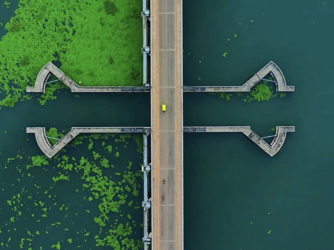Drone aerial of Thannermukkom Bund Vembanad Lake Kerala during daylight, featuring saltwater-freshwater divide, green algae, V-shaped piers, bridge crossing, perfect scenic experience with Alleppey backwater tour package.