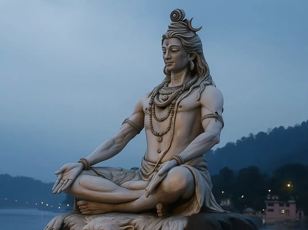 Massive meditating Shiva statue overlooking Ganga River Rishikesh during dawn twilight, adorned with rudraksha trishul dreadlocks serene posture distant hills lights riverside, perfect spiritual icon Uttarakhand tour package.