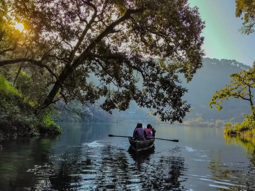 Couple rowing rowboat at Sattal Lake Nainital during golden sunset, featuring overhanging trees and forested hills, perfect romantic experience Uttarakhand tour package.