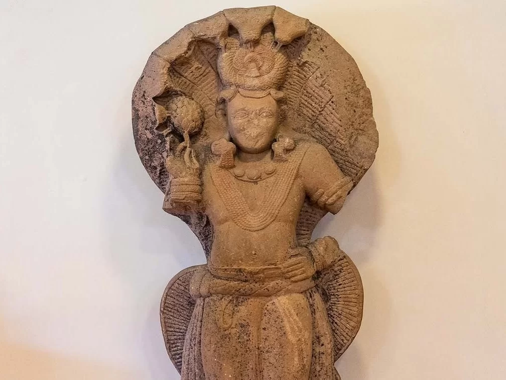 Sheshashayi Vishnu sculpture at Sanchi Archaeological Museum during clear daylight, featuring serpent hood and lotus flower, perfect heritage experience in Madhya Pradesh tour package.