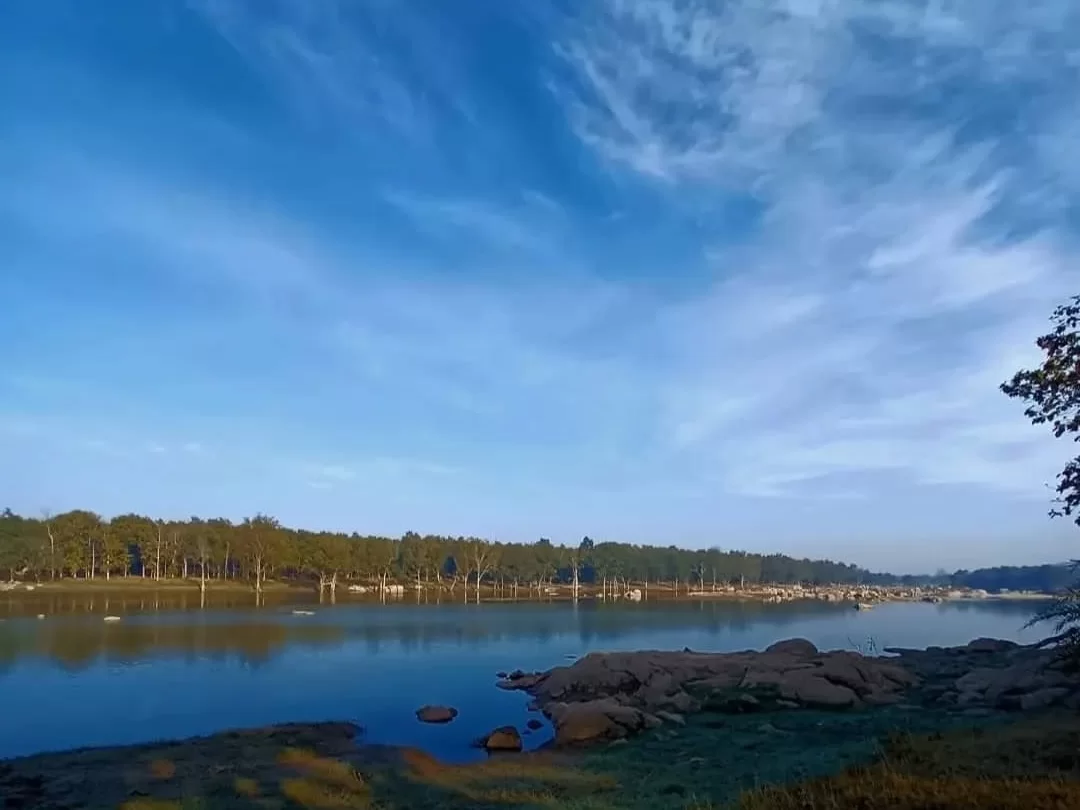 Pench River at Pench National Park during golden hour, featuring serene waters tree line rocks, perfect Madhya Pradesh wildlife safari tour package.