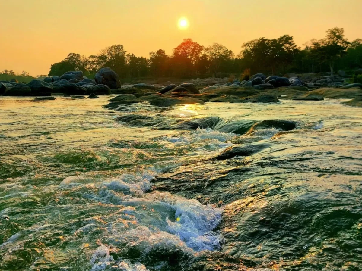 Pench River at Pench National Park during golden sunrise, featuring rocky boulders flowing water trees, perfect Madhya Pradesh wildlife tour package.