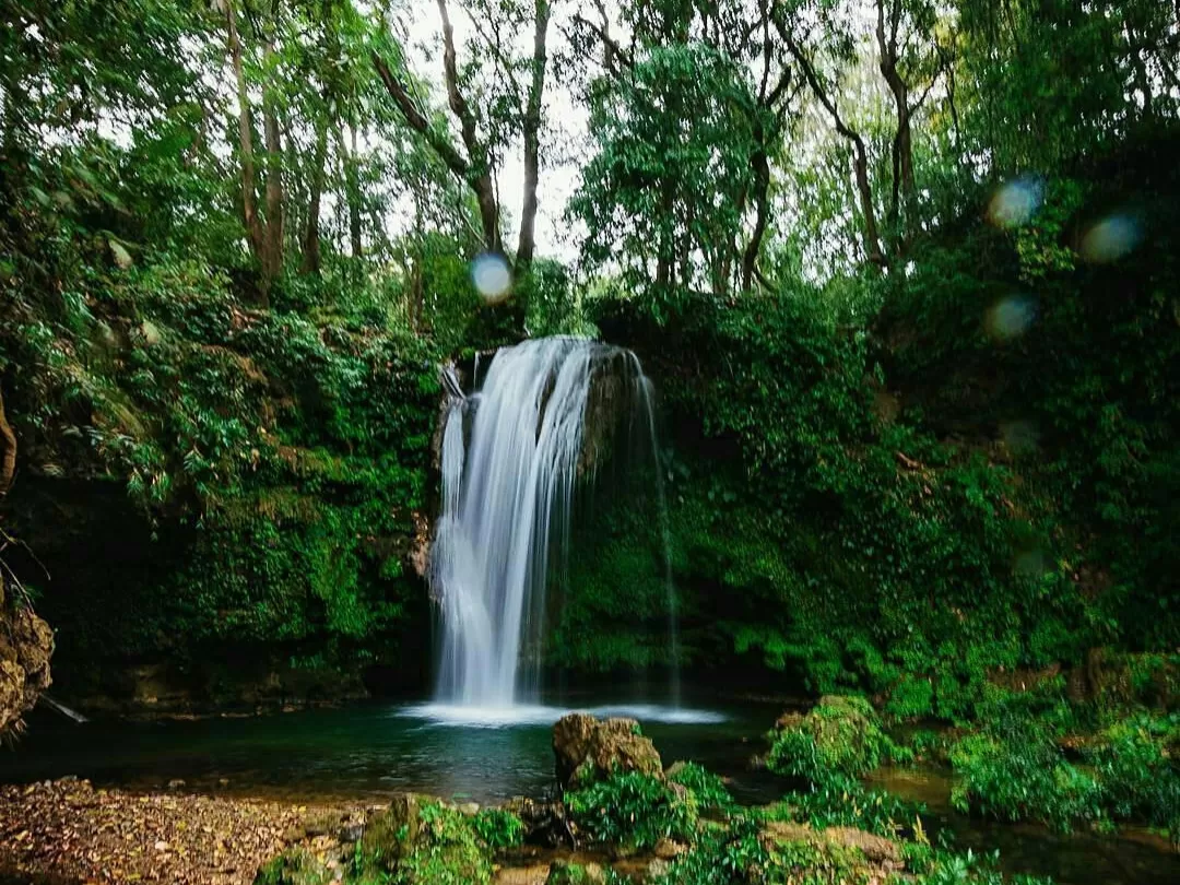 Jim Corbett Falls enchanting waterfall tropical rainforest teal pool sunlight, frothy cascade mossy rocks vines lens flare trees, perfect Uttarakhand tour packages.