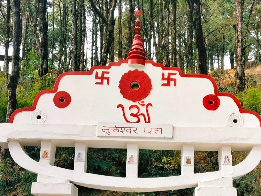 Mukteshwar Dham signboard during misty weather, featuring red Om symbol, Swastika lotus motifs, pine forest backdrop, perfect spiritual adventure, Uttarakhand tour packages.
