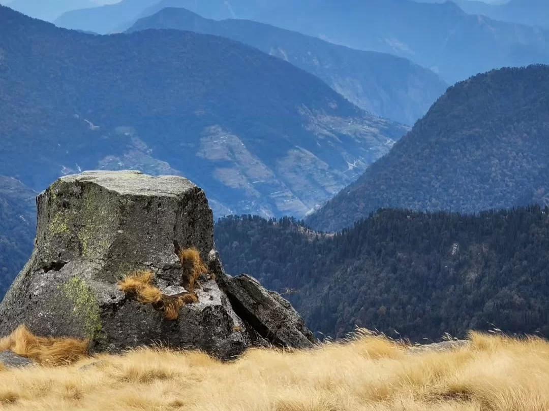 Khaliya Top Munsiyari during clear weather, featuring mossy rock outcrop, golden grass, layered blue mountains valleys, perfect trekking adventure, Uttarakhand tour packages.
