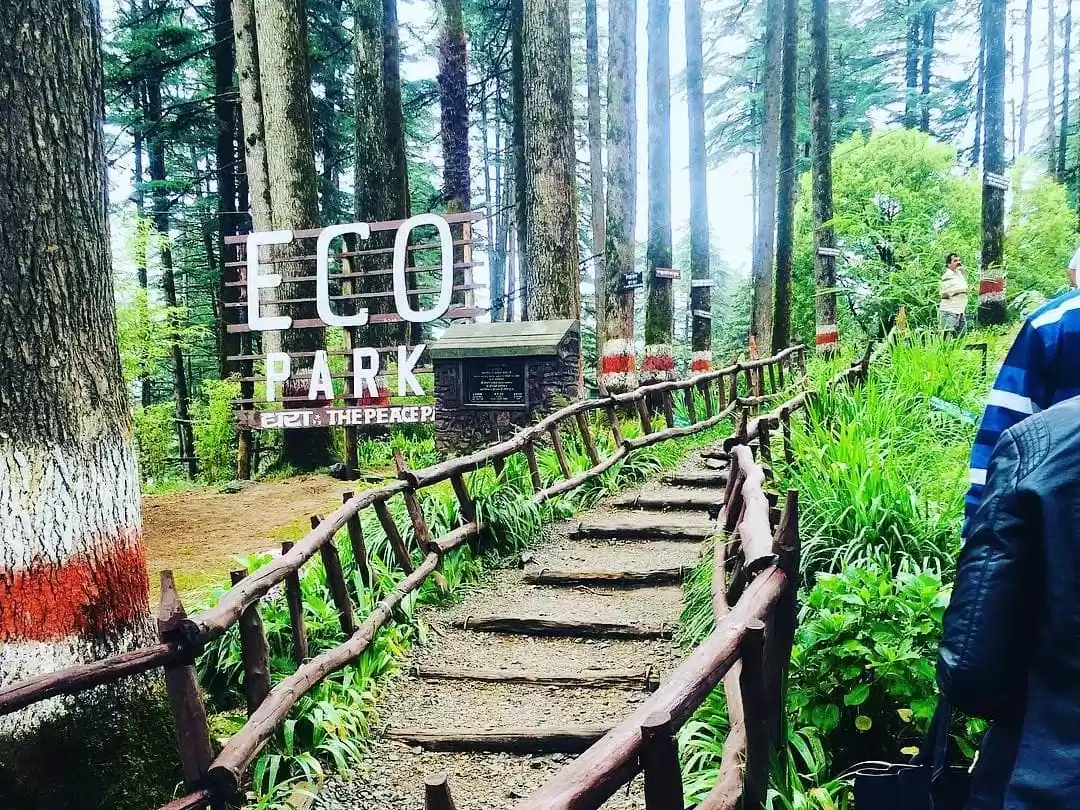 Dhanaulti Eco Park entrance signboard with theater steps hikers in deodar pine forest featured in Mussoorie Dhanaulti Uttarakhand tour packages