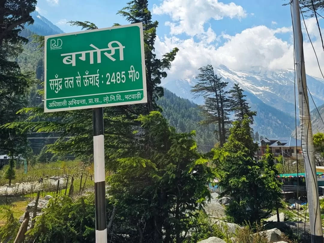 Bagori Village signboard during sunny day Uttarkashi, featuring green बगोरी Bagori 2485m sign pine trees snowy mountains blue sky backdrop, perfect Uttarakhand tour packages. 