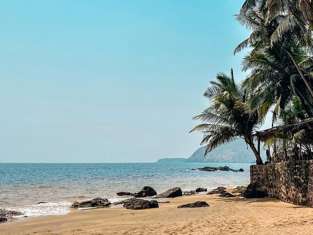 Tall coconut palms Cola Beach South Goa sunny haze, featuring stone wall red rocks golden sand turquoise Arabian Sea distant hills, perfect Goa tropical beach tour package. 